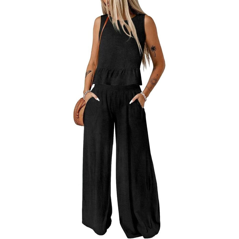 Women Pants Sets Polyester 2 Piece Outfits Sleeveless Wide Leg Casual